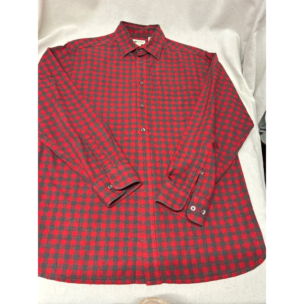 Haggar Mens Red Charcoal Grey Plaid Flannel Button Down Shirt Size M Pocket